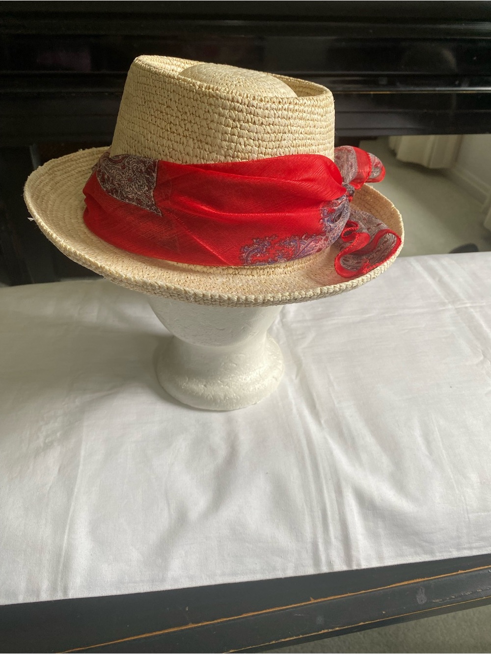 Straw Fedora Hat with Red Scarf Accent Large NWT